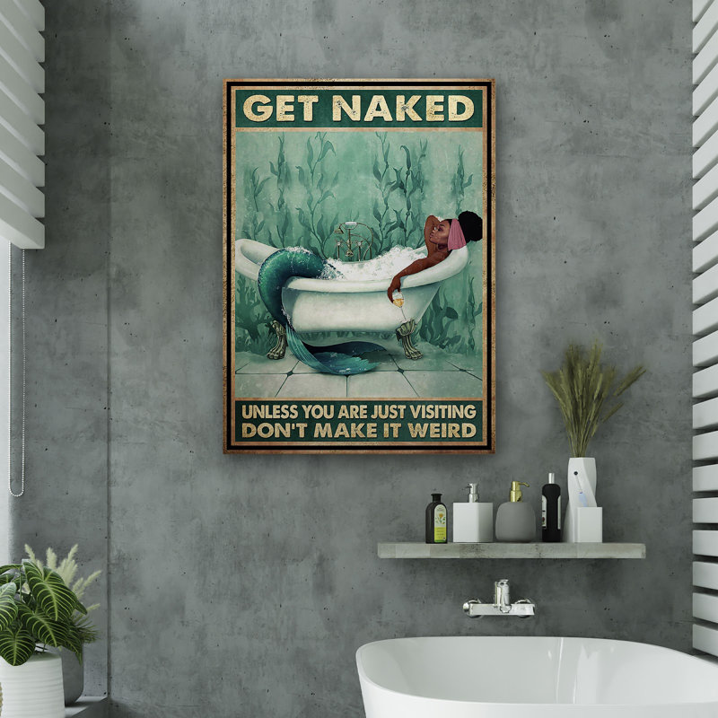 «Black Mermaid Chilling With Wine» - Toile tendue avec une galerie «Get NUE» - décor de salle de bain et de buanderie, noir et turquoise