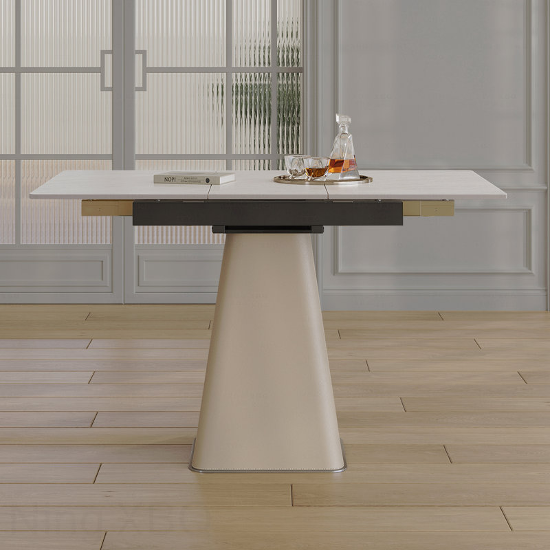 Table de salle à manger rétractable Rock Slab avec base en acier inoxydable recouverte de cuir