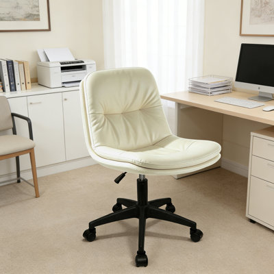 Chaise de coiffeuse avec dossier, fauteuil de bureau pivotant en cuir polyuréthane sans accoudoirs avec hauteur réglable pour les petits espaces, chambre à coucher, coiffeuse, bureau à domicile beige