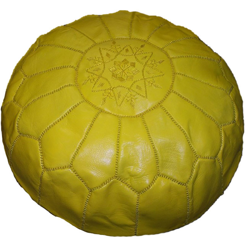 Handmade Moroccan Leather Round Pouf Ottoman Large Aviles, Yellow Genuine Leather