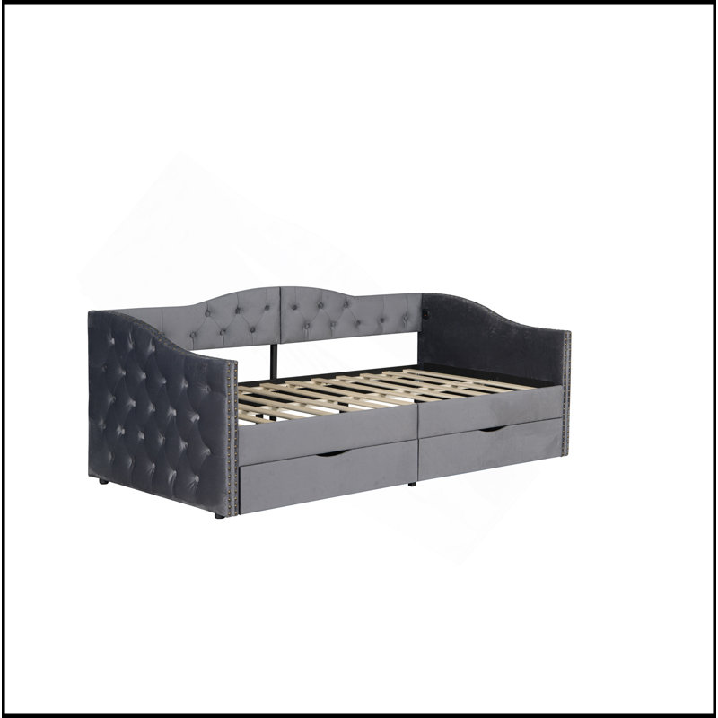 Lit de jour rembourré avec tiroirs de rangement, lit de jour simple en bois, sans sommier tapissier, gris