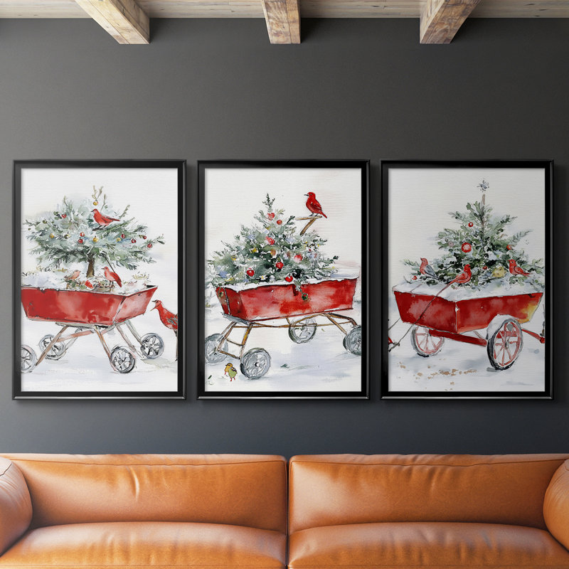 Art de Noël de Noël Cxxxv - Toile tendue avec châssis sur mesure - 3 pièces, H 19 po x l 45 po, Noir, noir, noir, noir