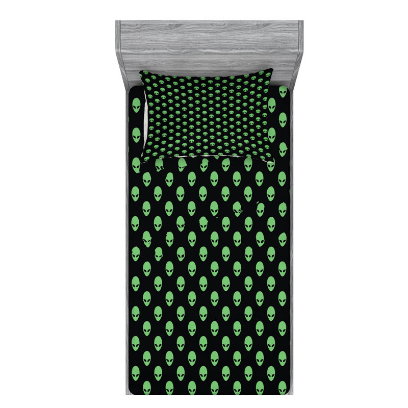 Twin Black and Green Alien Print Microfiber Sheet Set