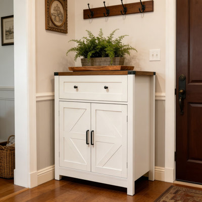 Armoire de rangement à porte de grange avec porte de grange blanche et grain de bois avec buffet et tiroir pour la cuisine et le salon