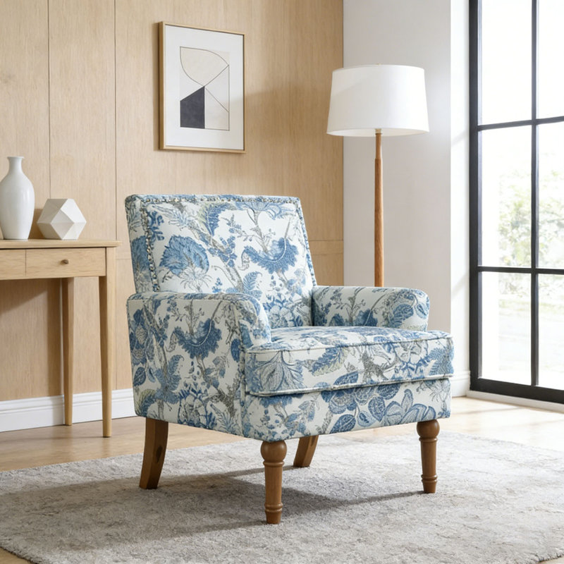 Accent Chair, Floral Upholstery, Nailhead Trim, Solid Wood Legs, Blue