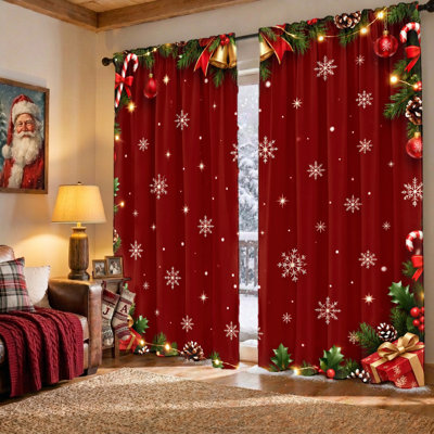 Ensemble de 2 rideaux festifs à motifs de flocons de neige pour Noël, décoration hivernale, ambiance chaleureuse, tissu filtrant la lumière, protection de l'intimité, œillets pour tringle, lavables à la machine, parfaits pour le salon, la chambre et la décoration intérieure.