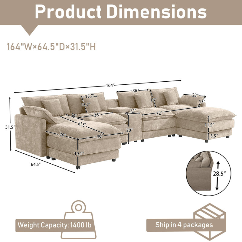 Canapé modulaire surdimensionné en chenille avec console USB et oreillers supplémentaires, Brown Chenille