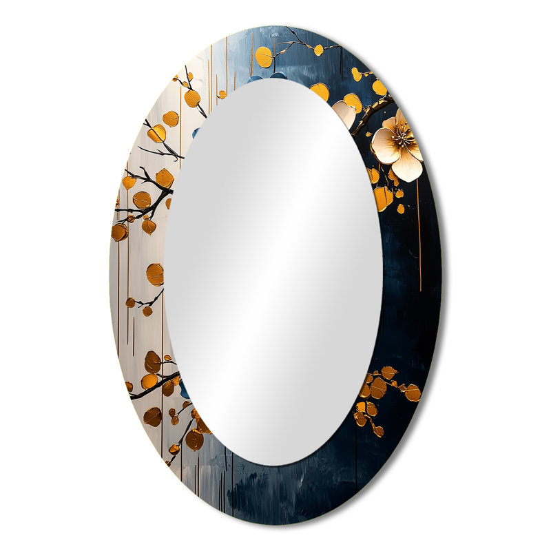Gold Blue Tones Cherry Blossom Branch III - Blue Oval Wall Mirror Decor, 36" x 24"