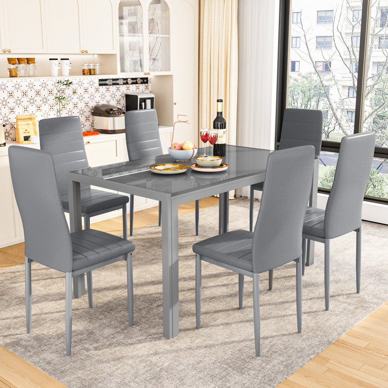 Nadeane 7 - Piece Dining Set with Faux Leather Upholstered Dining Chairs, Gray, Gray