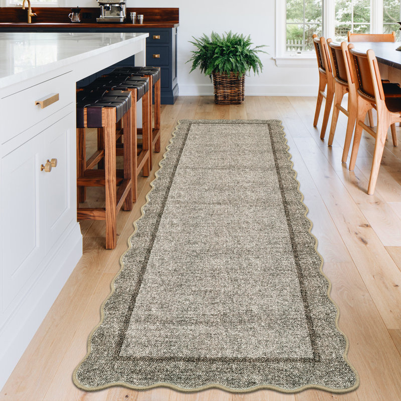 Scalloped Machine Washable Rug Non-Slip Bordered Floor Mats Non-Shedding Soft Low Pile Modern Accent Rugs for Living Room Bedroom Office