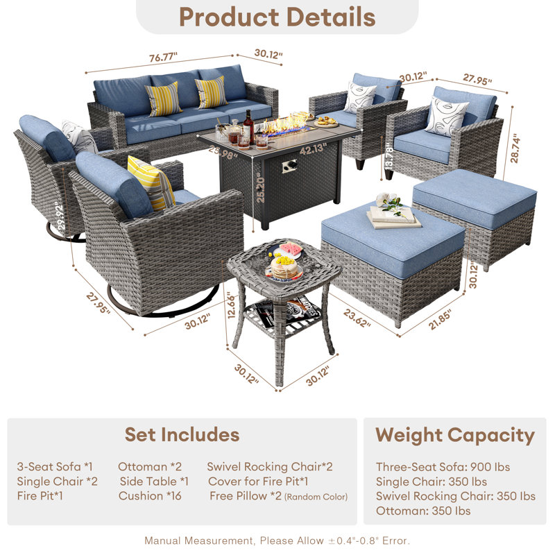 GRS Premium All-Weather Wicker 9 - Person Patio Conversation Set with Cushions, Yes, Blue