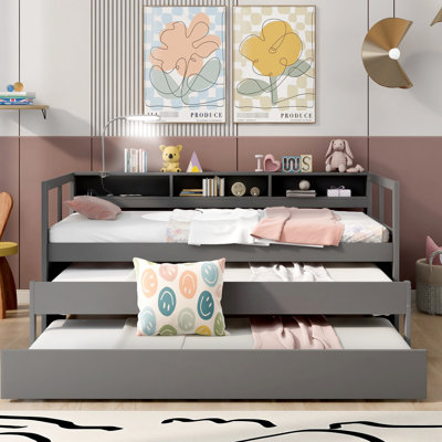 Twin Xl Daybed With Charging & - Gray Color, 2 Trundles, 3 Storage , Charging, Added
