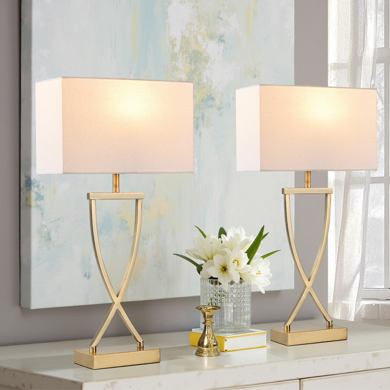 Ensemble de 2 lampes de table 21 po, abat-jour rectangulaire en lin, Or, Blanc