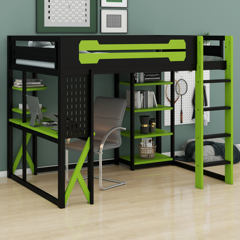 Lit mezzanine peu encombrant avec bureau, tablettes, prise de courant et lumière RVB, Noir et vert