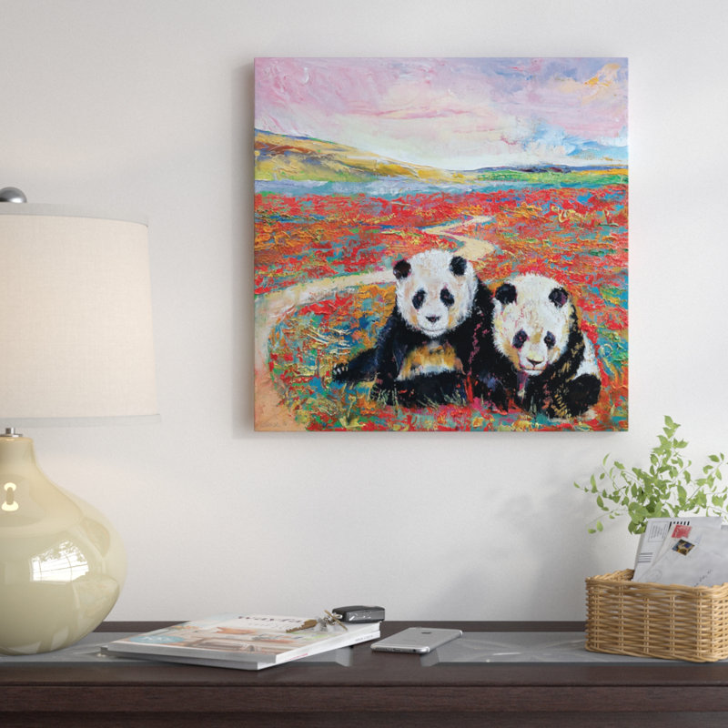 « panda paradise », peinture sur toile tendue, H 16 po x l 16 po x P 1 po, Papier d'art encadré noir, Blanc