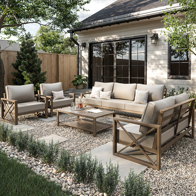 5 Pieces Modern Outdoor Furniture Patio Conversation Sets With Olefin Fabric, Beige