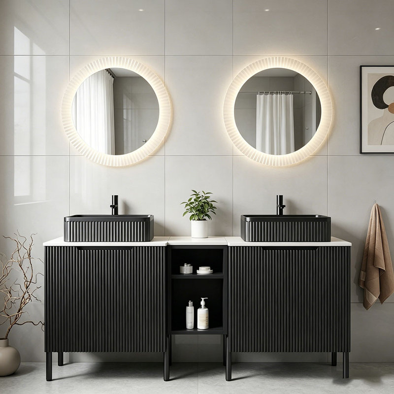Meuble-lavabo double autoportant 60 po avec lavabo 60 po, 2 armoires de rangement rayées 24 po + tablette ouverte amovible 12 po, 2 vasques rectangulaires avec comptoir blanc Carrara