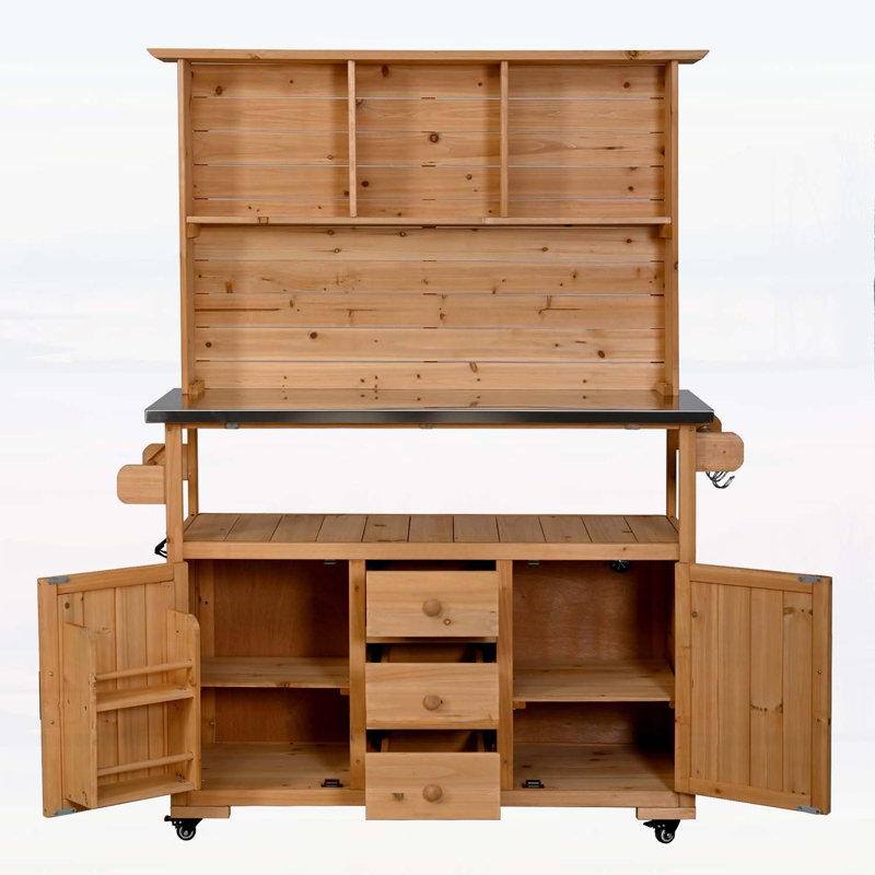 Îlot de cuisine polyvalent avec plateau en acier inoxydable, roues verrouillables et plusieurs options de rangement pour l'extérieur