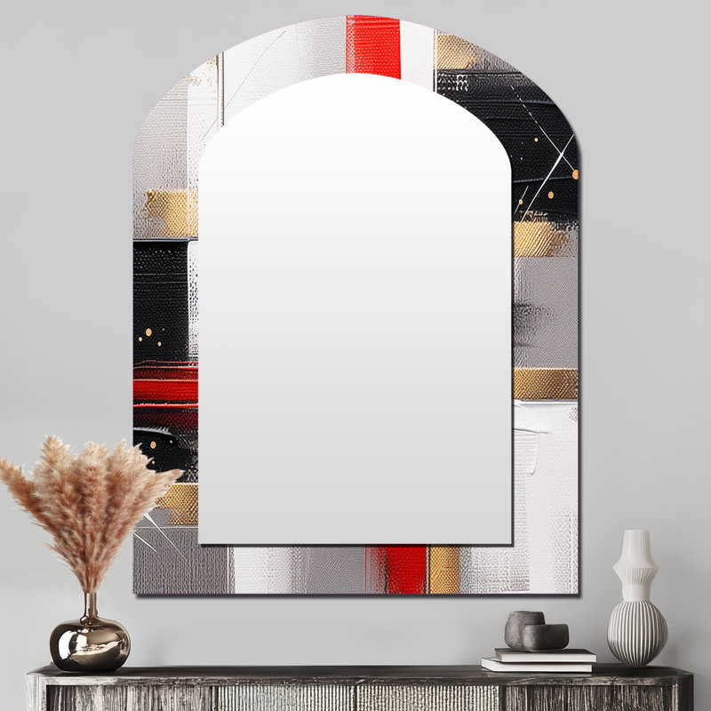 Rouge et or cubique abstrait I - miroir asymétrique cubique, miroir mural décoratif Red Arch, impression sur métal