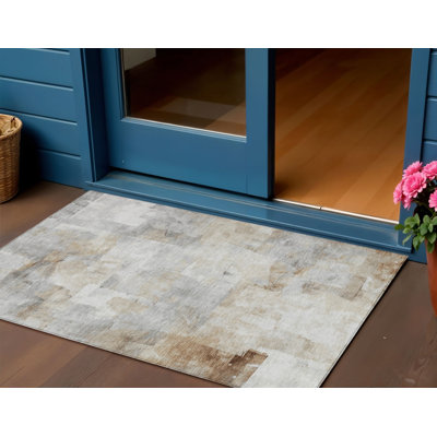 Tapis extérieur lavable abstrait en lin gris et ivoire 3 pi x 5 pi