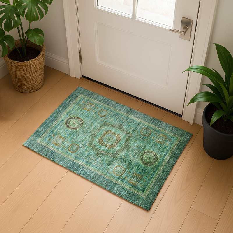 Premium Machine Washable Mayfield AMF2159 global Rug, Rectangle 1'8" x 2'6", Green
