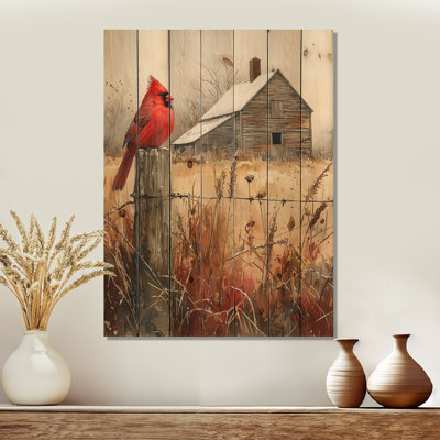 Cardinal Bird By The Farmhouse I - Bird Wood Wall Decor - On Natural Pine Wood