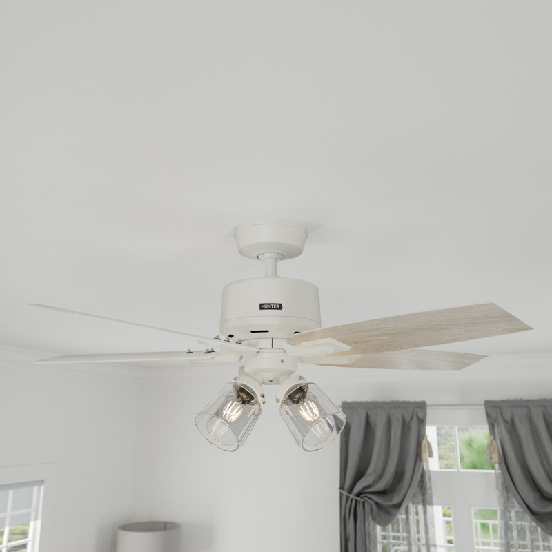 Matte White 44" Ceiling Fan with Light Oak Blades and Remote