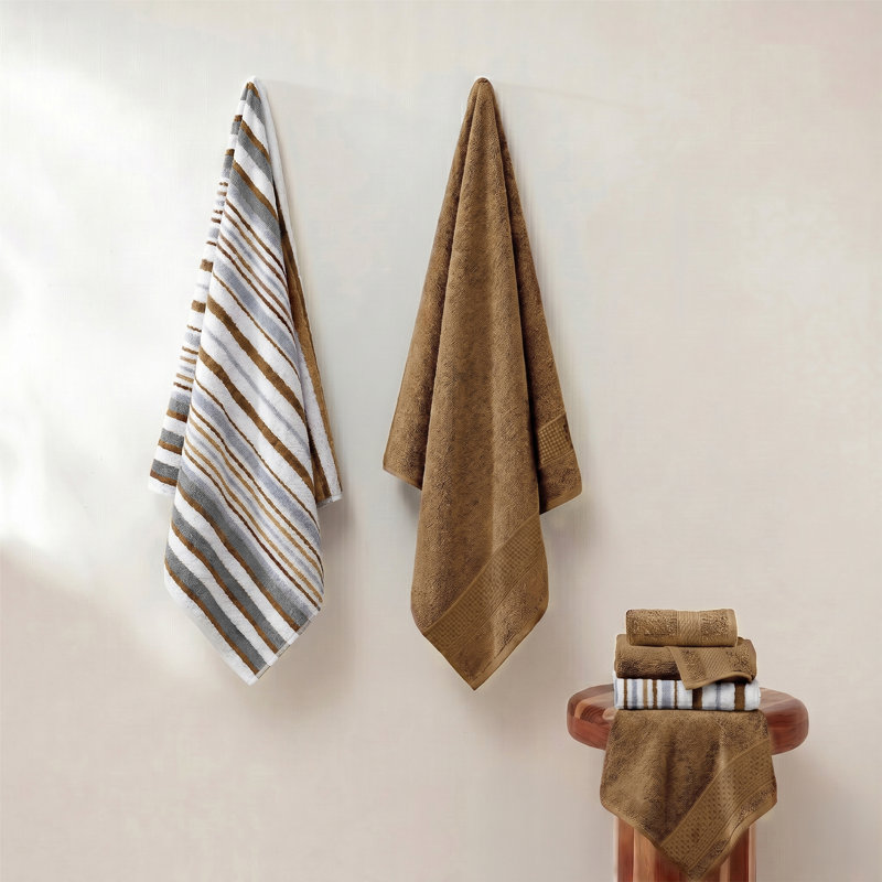 Nyx 6pc Soft Cotton Towel Set, Striped, White, Light Gray By The Urban Port, Mustard