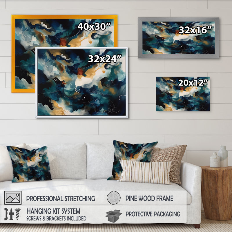 Mouvement artistique Malchow bleu et blanc sur toile, Cadre flottant noir, H 16 po x l 32 po x P 1 po