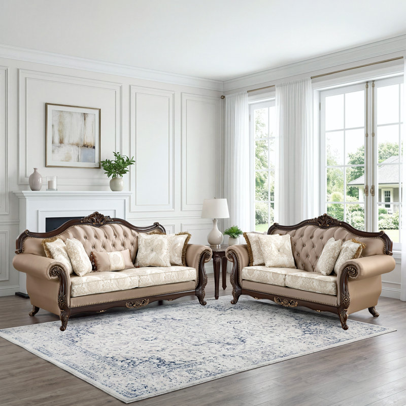 Ensemble de canapé de salon 2 pièces en tissu double texturé et jacquard Inglewood avec dossier capitonné, garniture cloutée et 4 coussins décoratifs