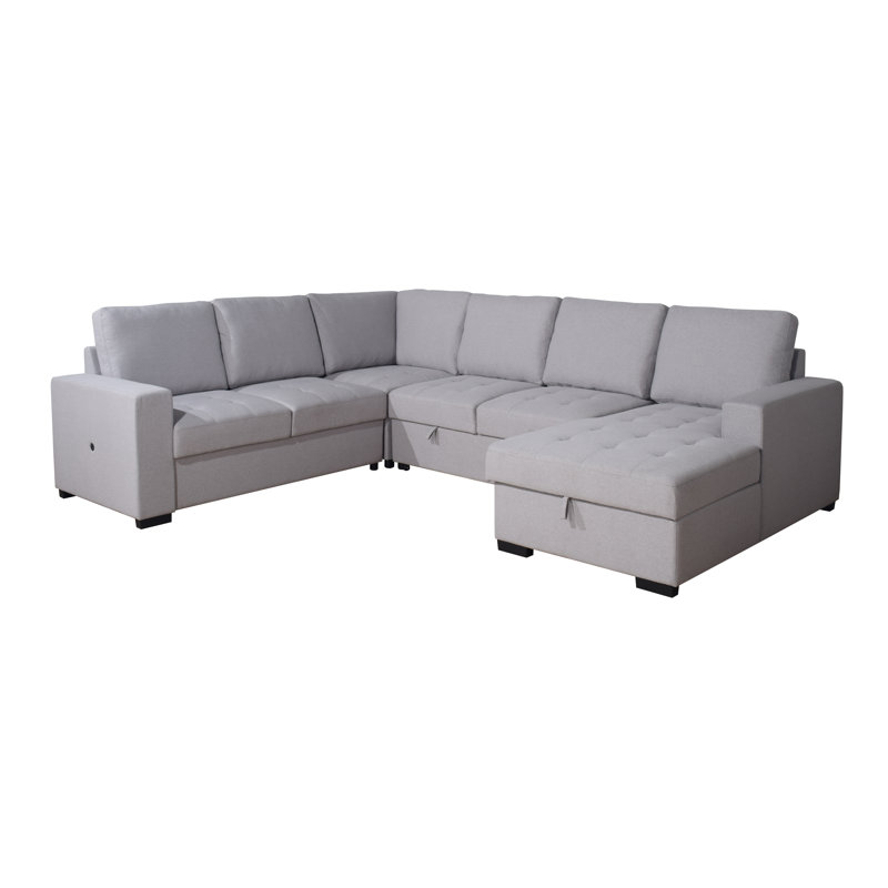 Xander Sectional/ Sofa Bed in Grey Fabric with Built-In USB Port