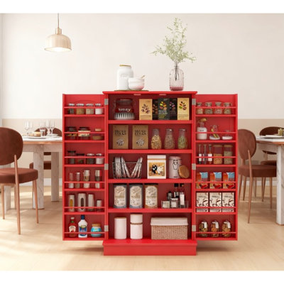 Red Kitchen Storage Cabinet, 5 - Tier Shelving, 12 Spice , Magnetic Doors, Adjustable Shelves, Design