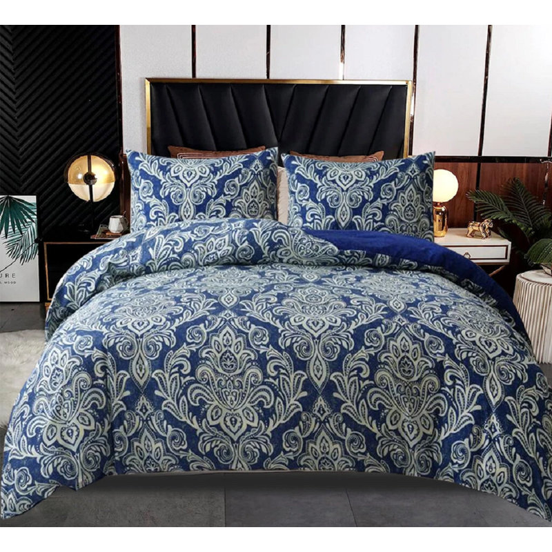Duvet Cotton Rich Slate Black Super King, Blue Damask, Single Duvet Cover + 1 Standard Pillowcase