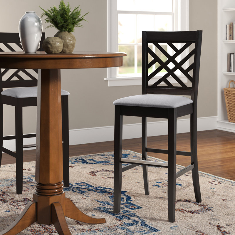 Upholstered Counter Stool with Solid Wood Frame, Grey, Dark Brown, Bar Stool (28.11” Seat Height)