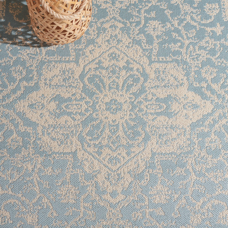 Danya Oriental Aqua/Cream Indoor/Outdoor Area Rug, Rectangle 9' x 12'