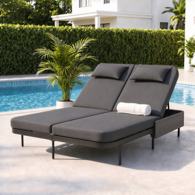 Outdoor Wicker Double Chaise Lounge Poolside Daybed for 2, Patio Sun Lounger with Cushions and 6-Position Adjustable Backrests