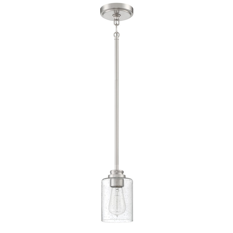 Luminaire suspendu cylindrique à 1 lumière , Nickel poli brossé, Martelée transparente