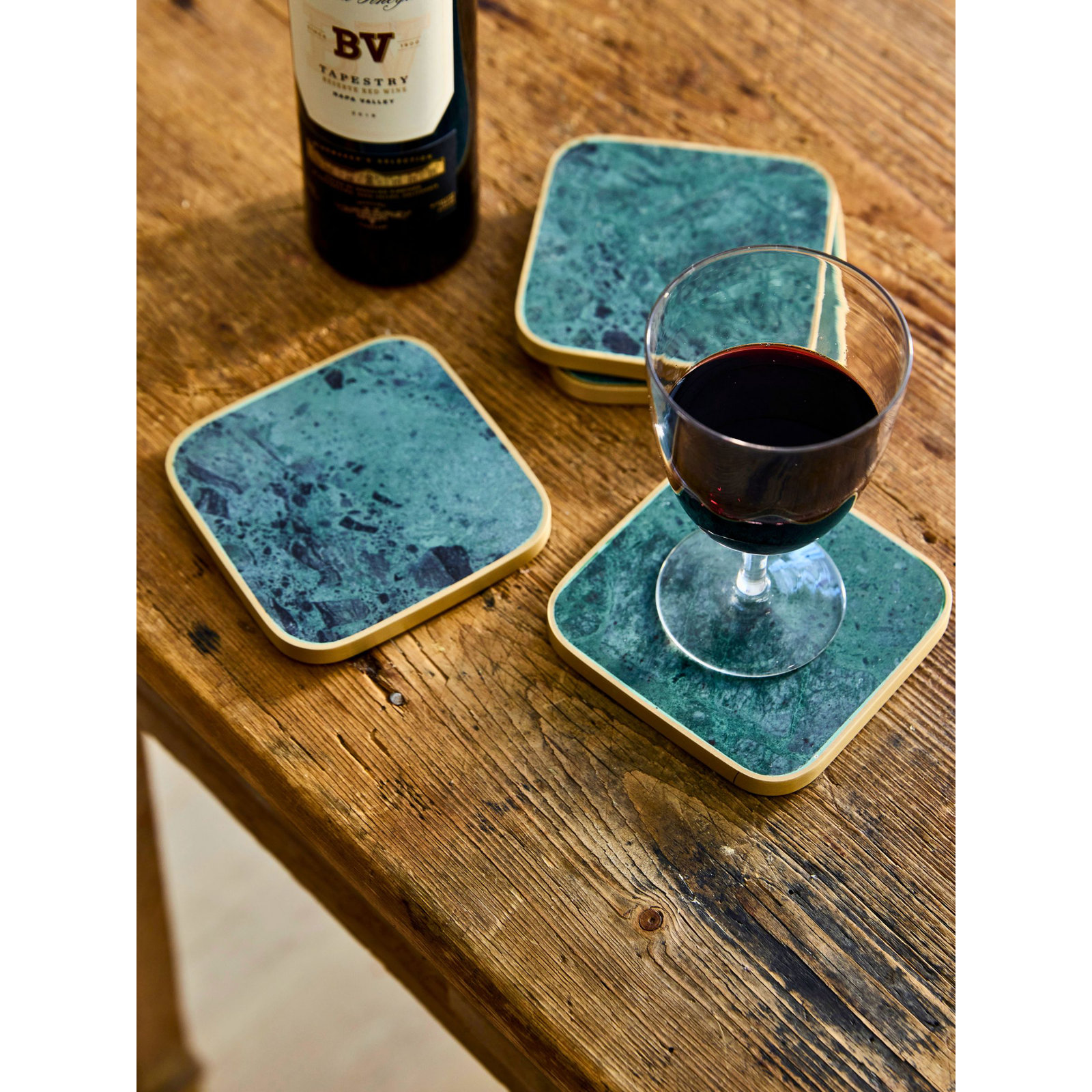 Verona Marble Coaster Set, Green/Gold