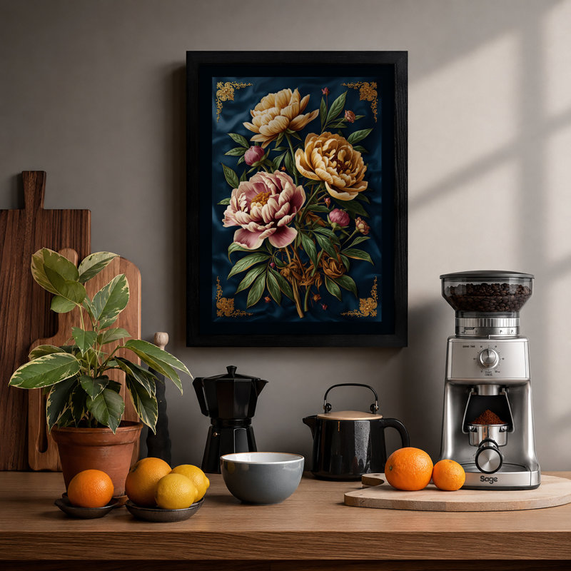 Garden Roses in Gold Botanical - Framed Print, A2 - 59.4 x 42.0 cm, Black