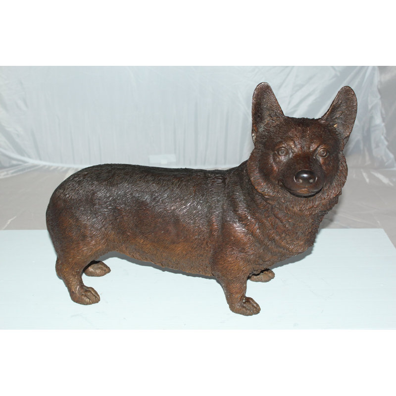 Statue de sculpture debout en bronze chien debout Corgi 20 po x 8 po x H 15 po