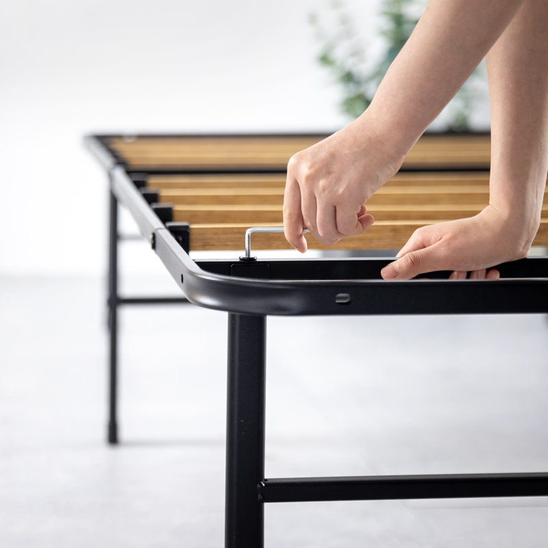 Queen Black Steel Bed Frame with Bamboo Slats