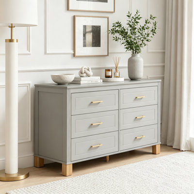 Modern 6-Drawer Double Dresser in Gray with Metal Handles and Solid Wood Legs