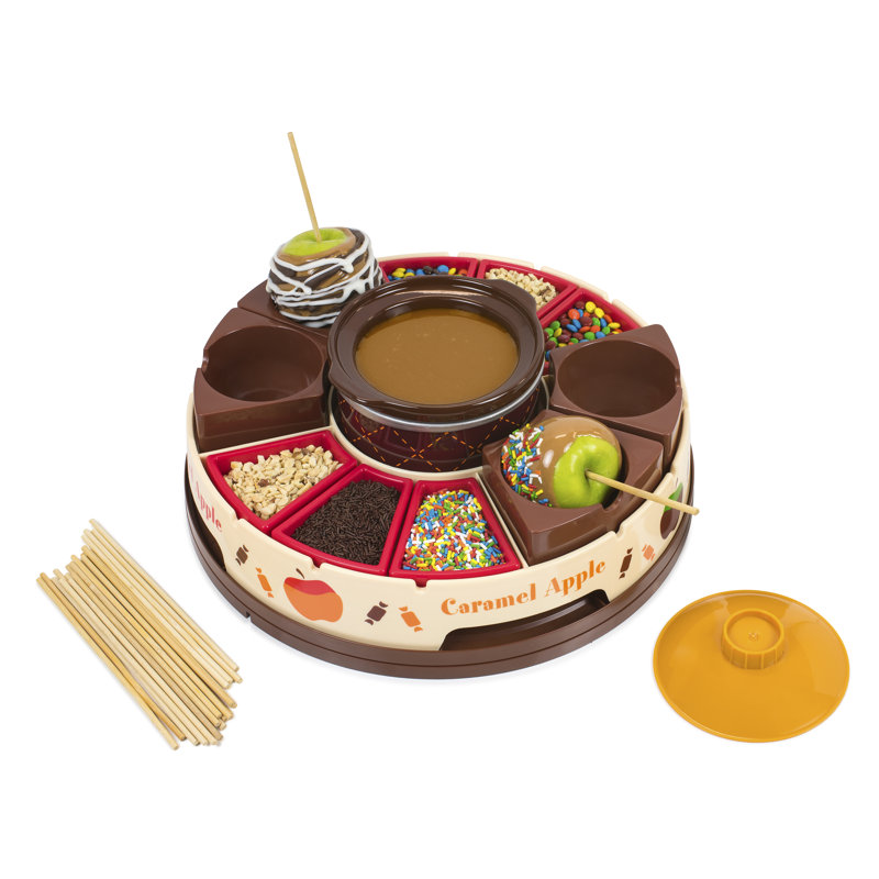 Nostalgia NCCA5 Lazy Susan Chocolate & Caramel Apple Party with Heated Fondue Pot, 25 Sticks, Decorating and Toppings Trays
