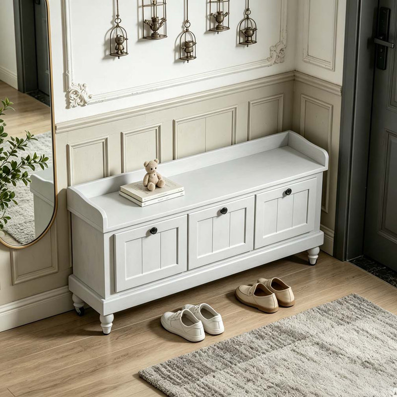 Banc à chaussures avec coussin et trois tiroirs, Gris clair