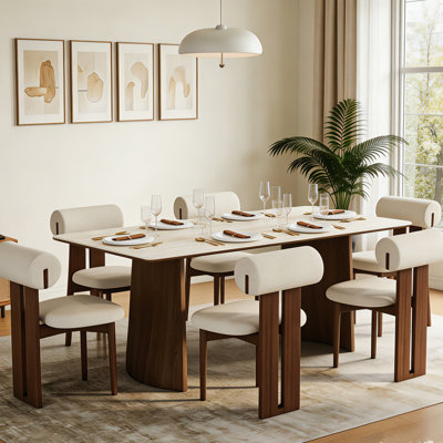 70.8 Inch Rectangular Dining Table Set with 6 Upholstered Chairs, Modern Stone Top Dining Table, Natural Walnut Tone Legs Dining Room Furniture for Kitchen Dining Area