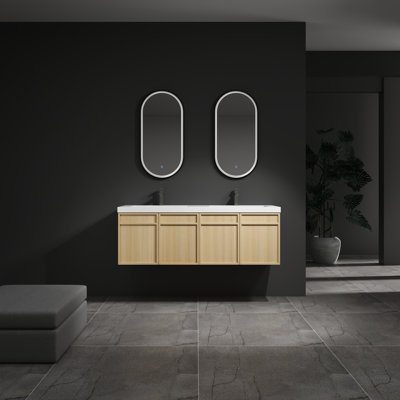 Meuble-lavabo double 60 po avec comptoir en résine, armoire de salle de bain flottante en chêne, fabrication en contreplaqué, portes à fermeture en douceur