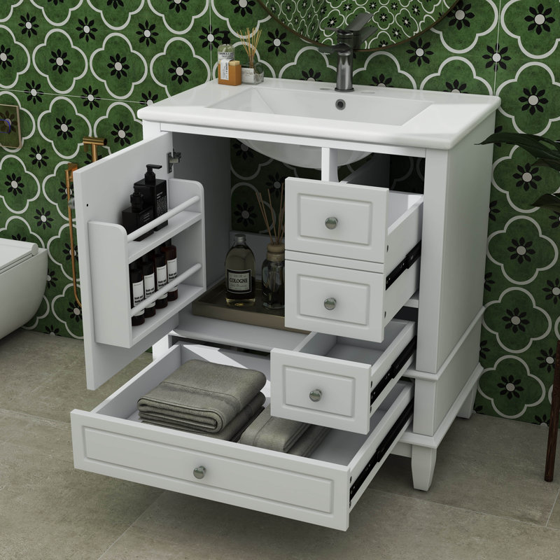 Meuble-lavabo fonctionnel de 30 po avec lavabo - équipé d'une porte (avec tablette) et de trois tiroirs à fermeture en douceur