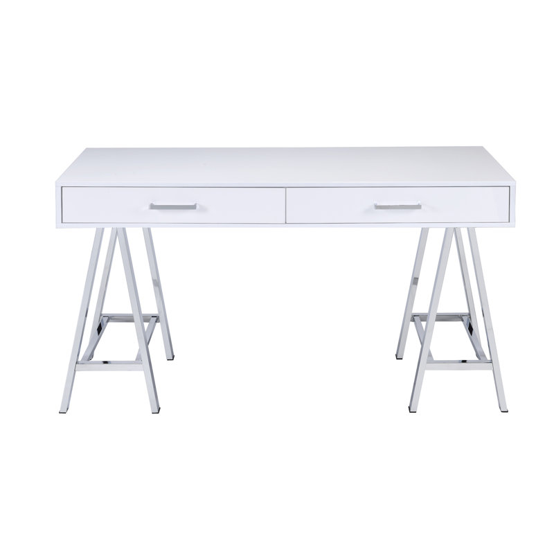 Bureau d'écriture Coleen blanc ultrabrillant et chromé avec USB (sans la chaise de bureau), Blanc/chrome
