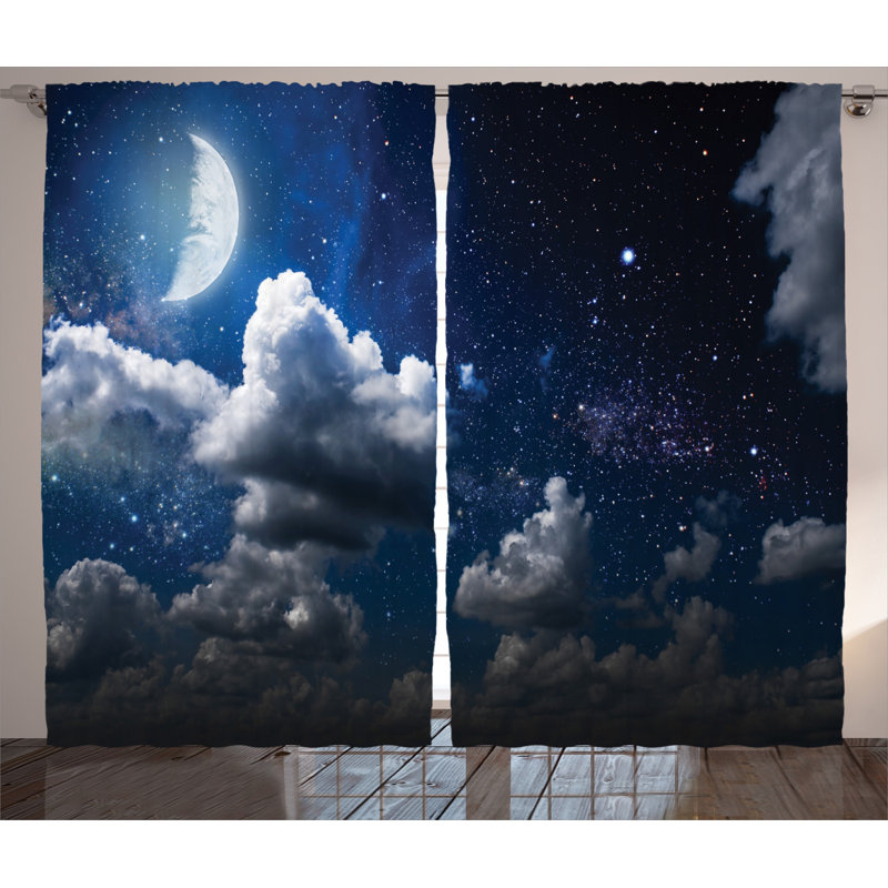 Moonlit Night Sky Blue Polyester Rod Pocket Curtain Panels