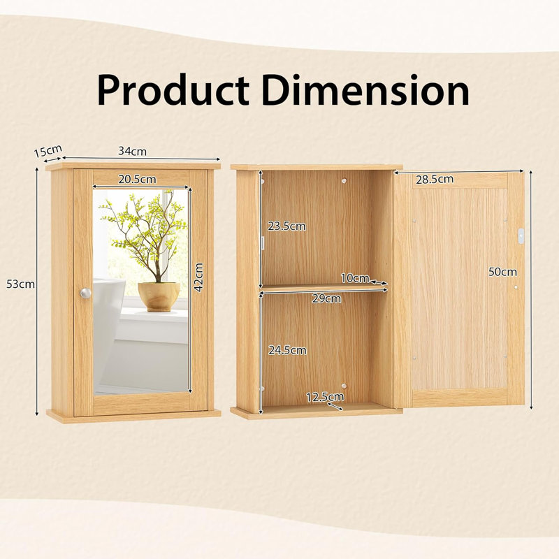 Bathroom Medicine Cabinet Wall Mounted Mirror Cabinet w/ Single Door, Natural